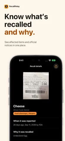 RecallRelay App Store screenshot: Know what’s recalled and why, with a recall detail view